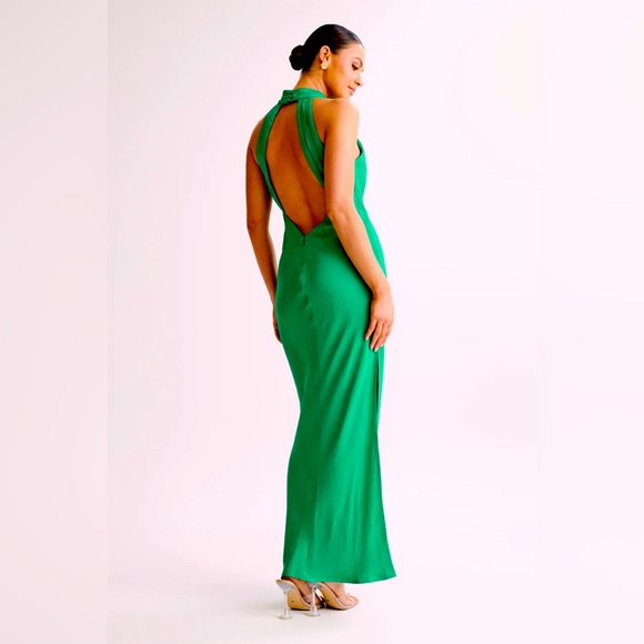 claire satin drape back maxi dress with split - green Claire Satin Drape Back Maxi Dress with Split - Green